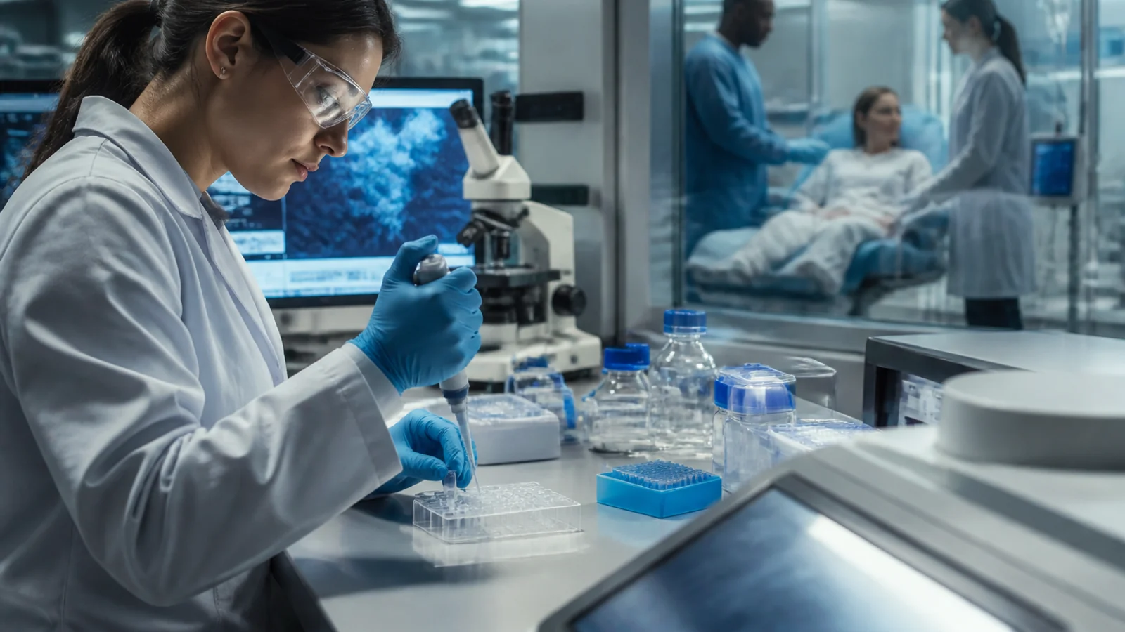 Клиническая и лабораторная сцена генного редактирования CRISPR с медицинским и биотехнологическим контекстом