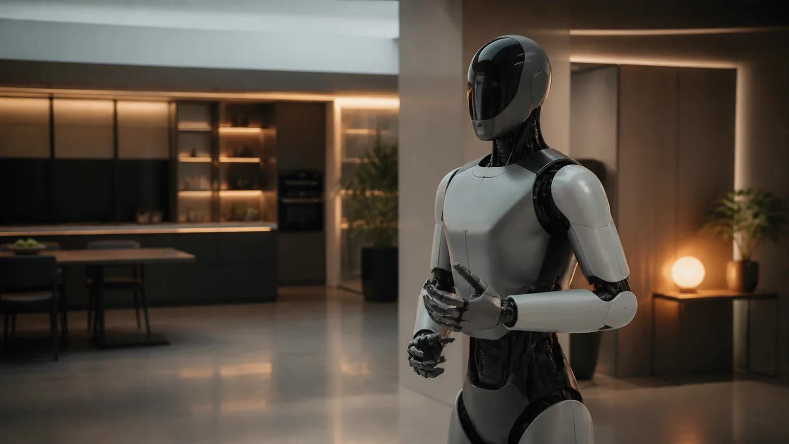 Премиальная редакционная сцена с гуманоидом Figure 03 в домашнем и сервисном контексте нового поколения платформы