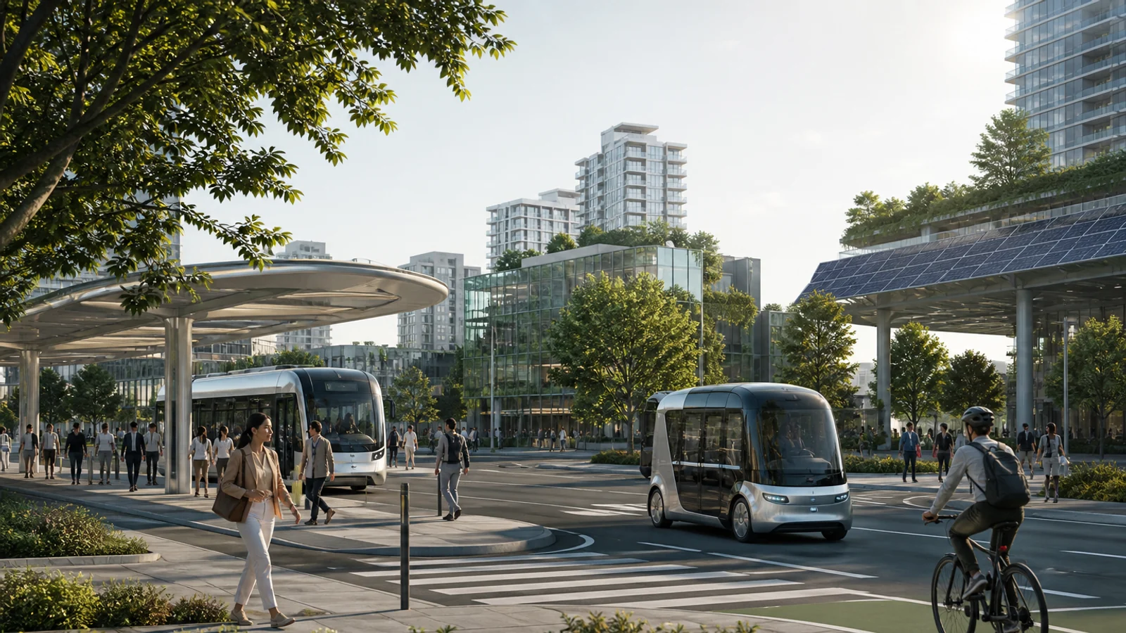 Городская транспортная система будущего с автономными шаттлами, общественной мобильностью и продуманной уличной инфраструктурой